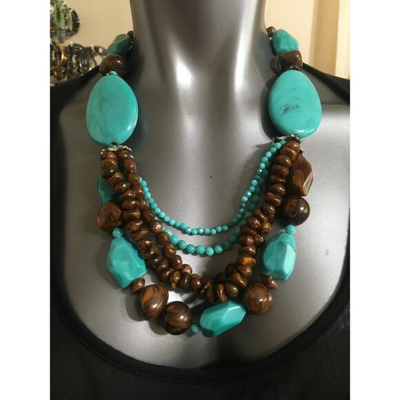 Chunky Faux Turquoise & Tiger Eye Statement Necklace Adjustable 22 to 26" - Picture 1 of 4